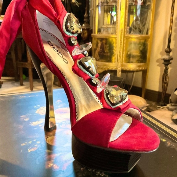 NEW IN BOX Bebe Platform JEWELS ! Ribbons Shoes w Stiletto Heels 8.5 RED LEATHER - Picture 5 of 9